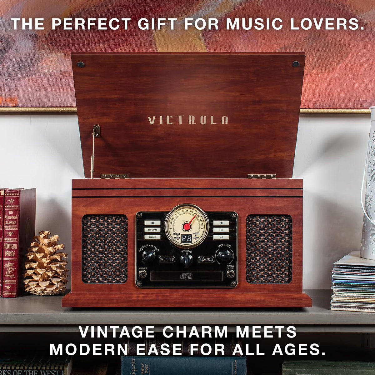 Victrola Quincy 6-in-1 aux input and USB port for versatile music sources