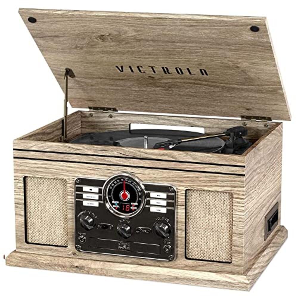 Victrola Quincy 6-in-1 front view in farmhouse oatmeal finish, retro meets modern versatility