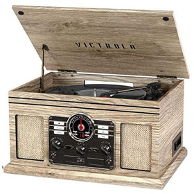 Victrola Quincy 6-in-1 front view in farmhouse oatmeal finish, retro meets modern versatility