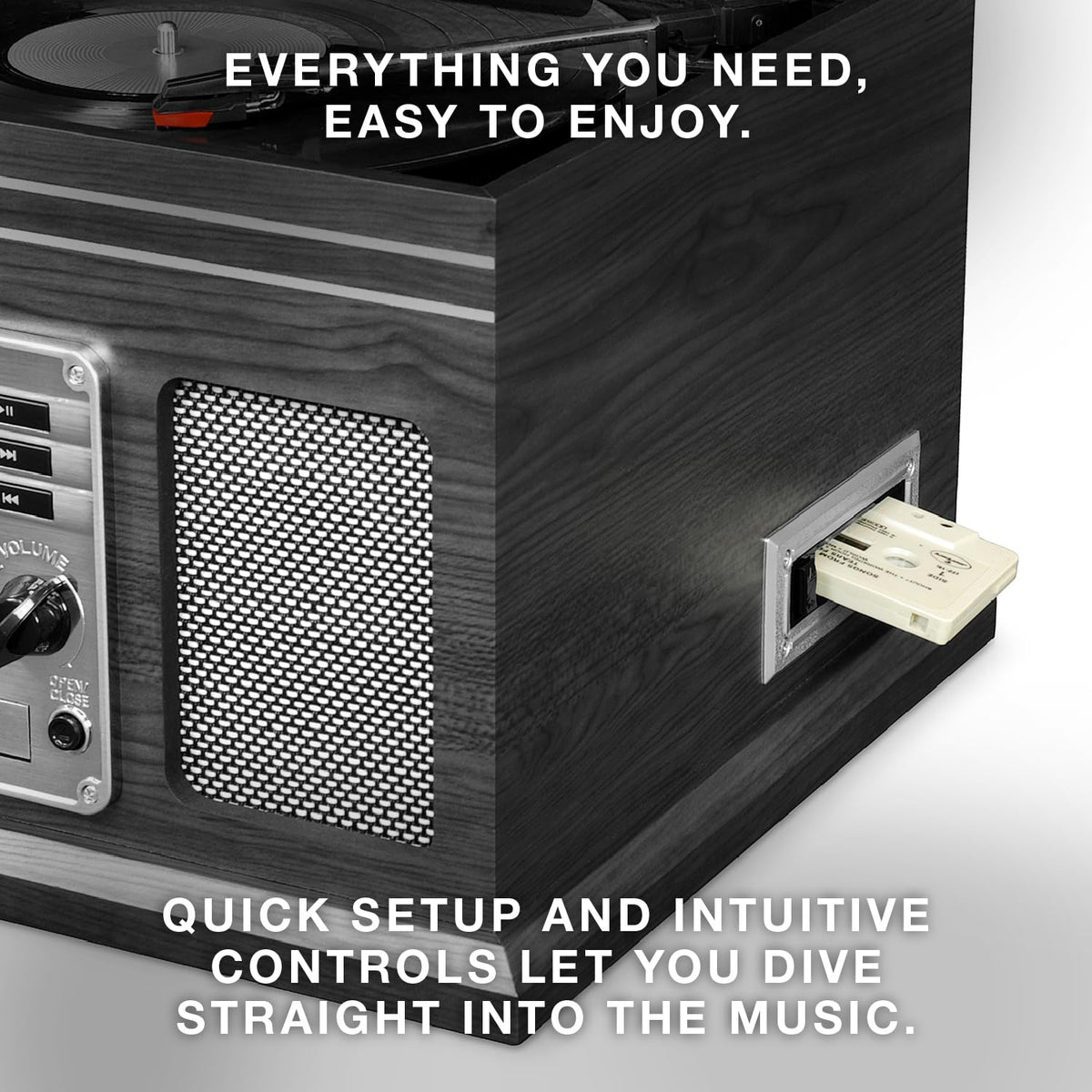 Victrola Quincy antique-style faceplate and wood trim as a stylish living space centerpiece.