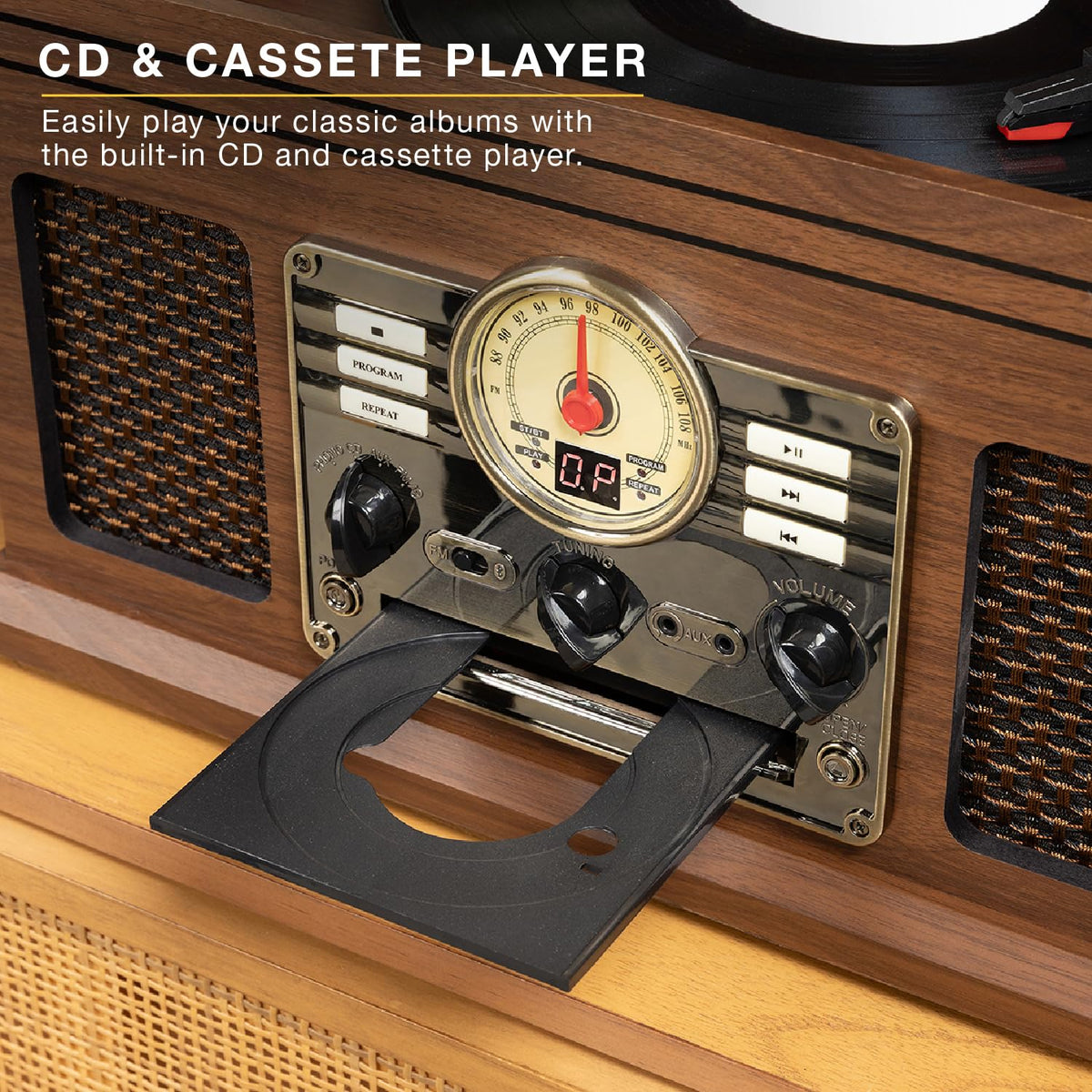 Built-in speakers fill a room with warm nostalgia-inspired sound.