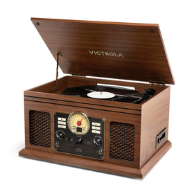 Victrola Quincy front view in walnut finish showing classic 6-in-1 design.