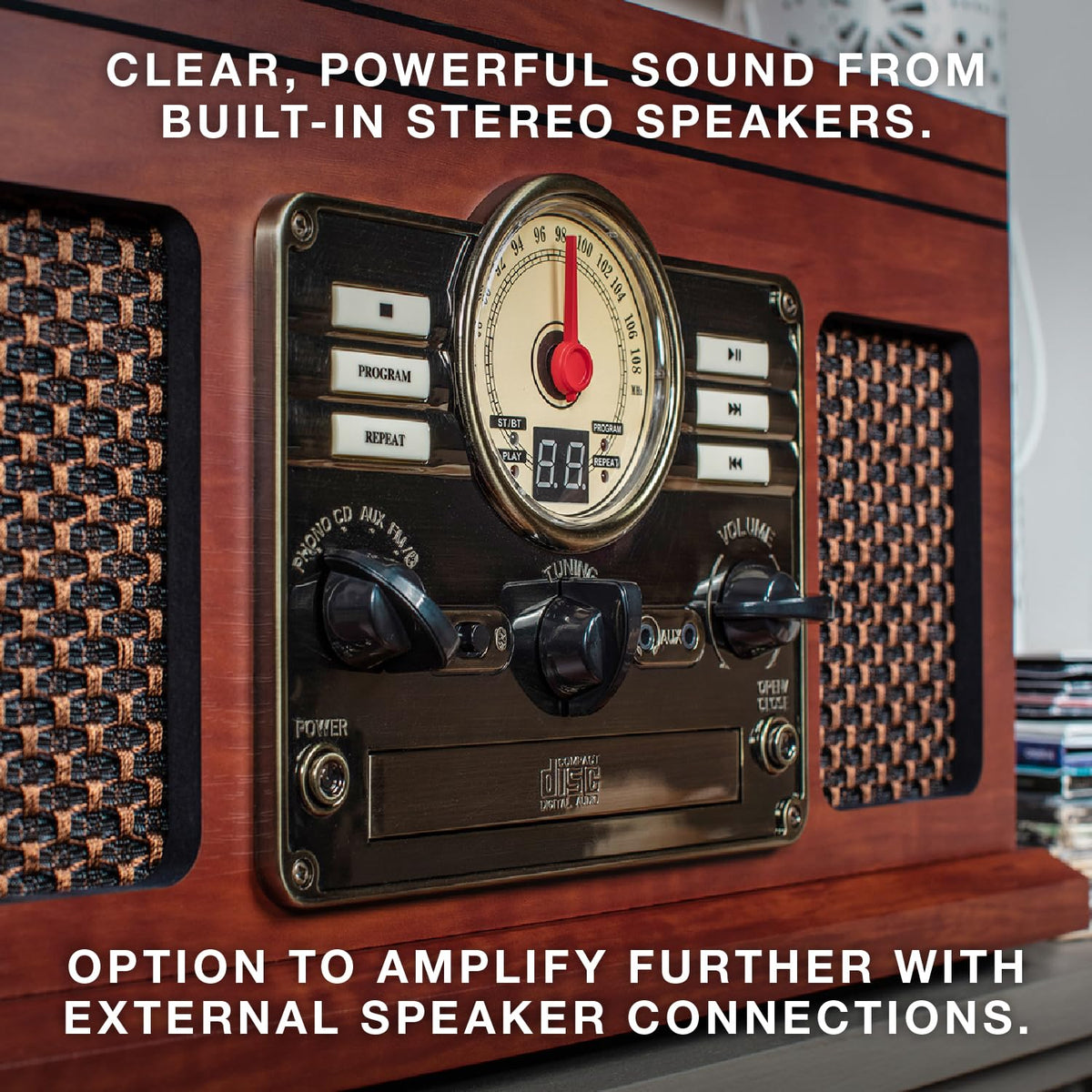 Victrola Quincy RCA outputs connect to external speakers for bigger sound.