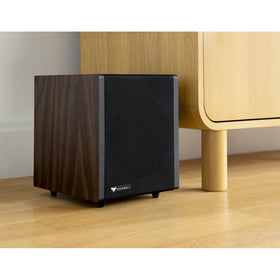 Victrola S1 espresso woodgrain finish harmonizes with modern living room decor.