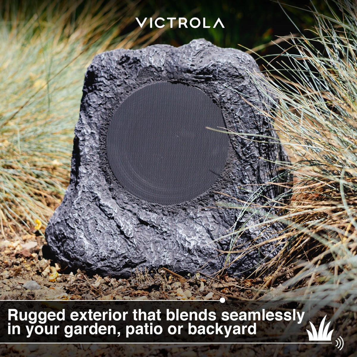 Victrola Solar Rock Speakers rugged exterior designed for outdoor resilience.