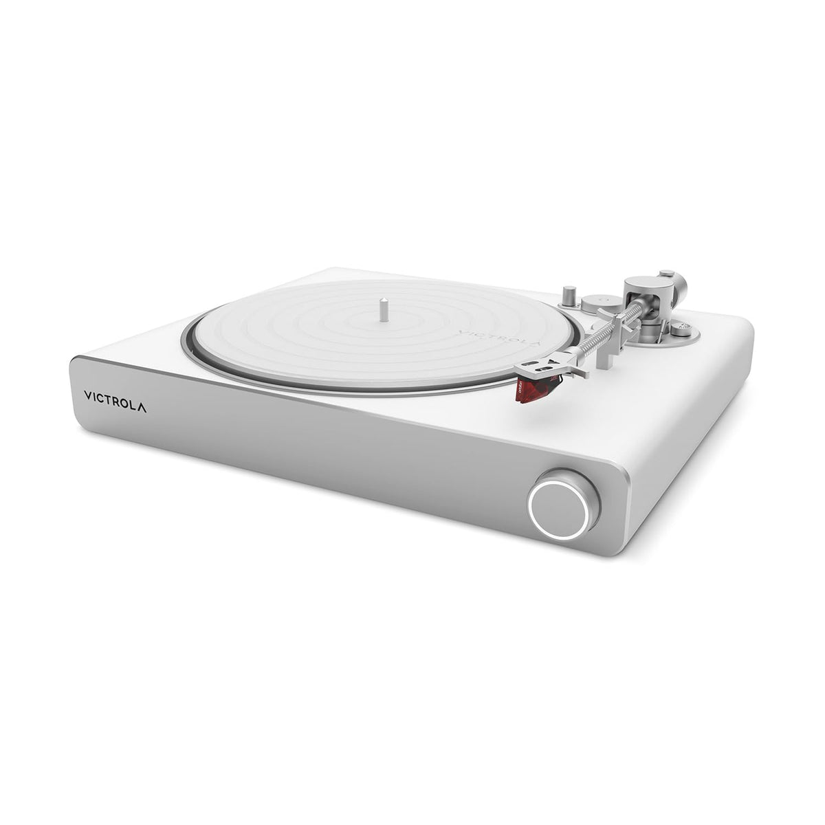 Victrola Stream Carbon turntable top view with a sleek white-silver finish for premium home listening.