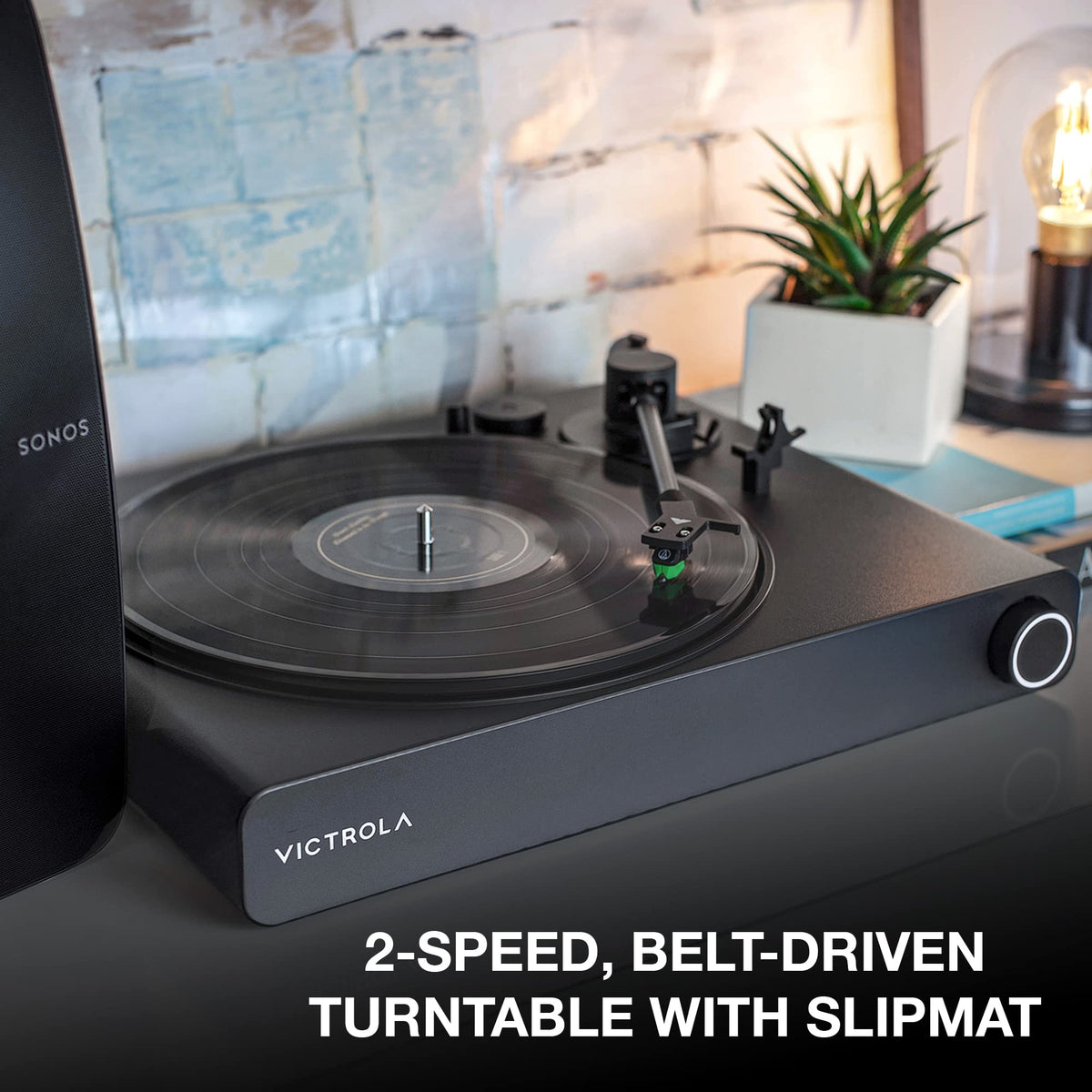 Victrola Stream Onyx belt‑driven platter reduces vibrations for clarity.