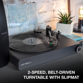 Victrola Stream Onyx belt‑driven platter reduces vibrations for clarity.