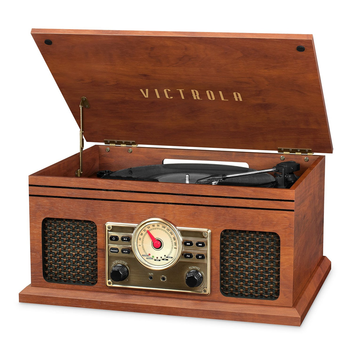 Victrola VTA-250B-MAH front view showcasing 4-in-1 design for vinyl lovers