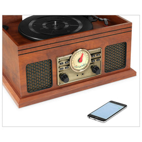 Victrola VTA-250B-MAH rotary dial FM radio with nostalgic look for retro listening