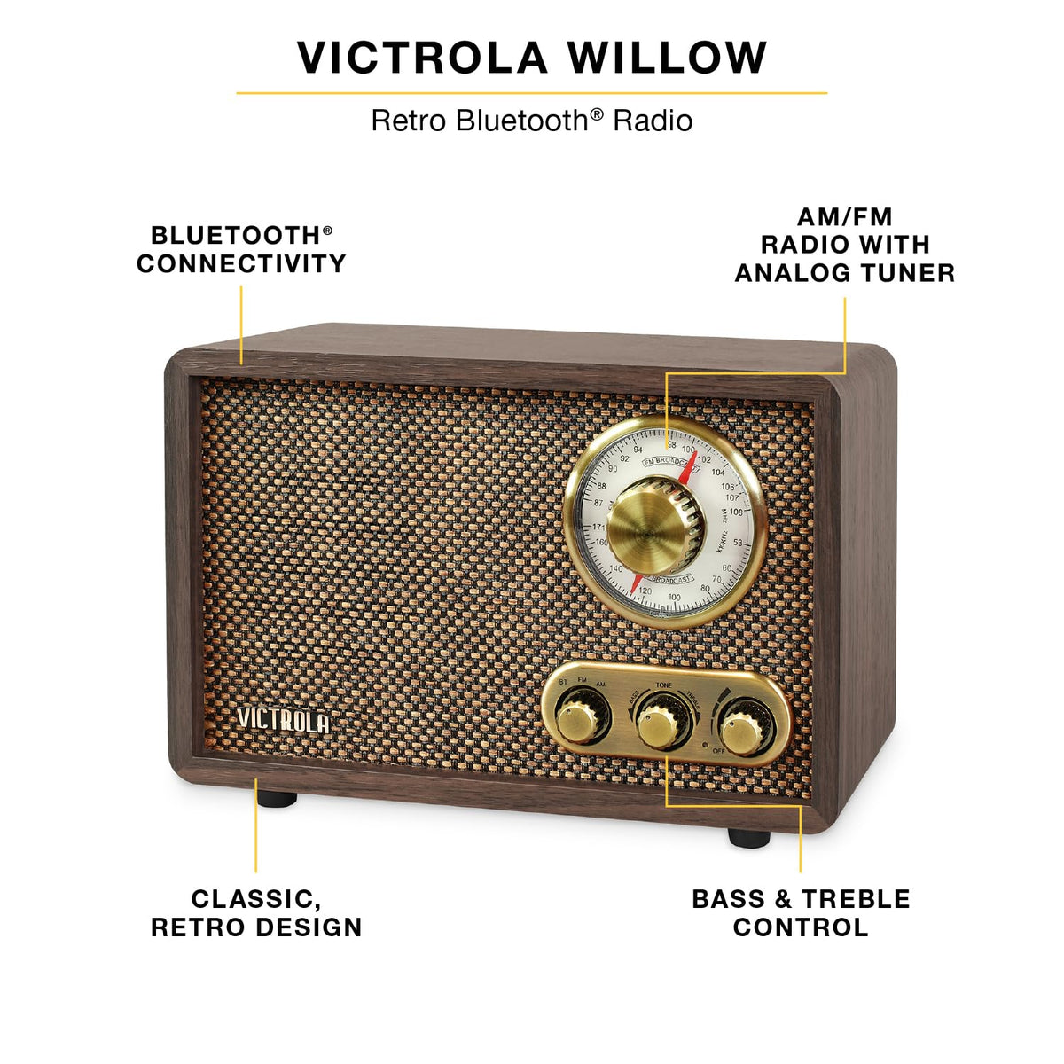 Victrola Willow rotary AM/FM dial close-up highlighting tactile tuning