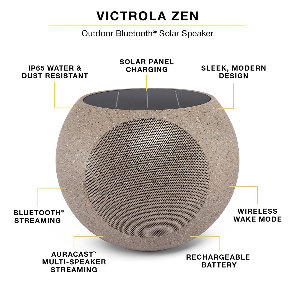 Victrola Zen IP65-rated shell resists rain and dust for year-round use.