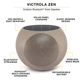 Victrola Zen IP65-rated shell resists rain and dust for year-round use.