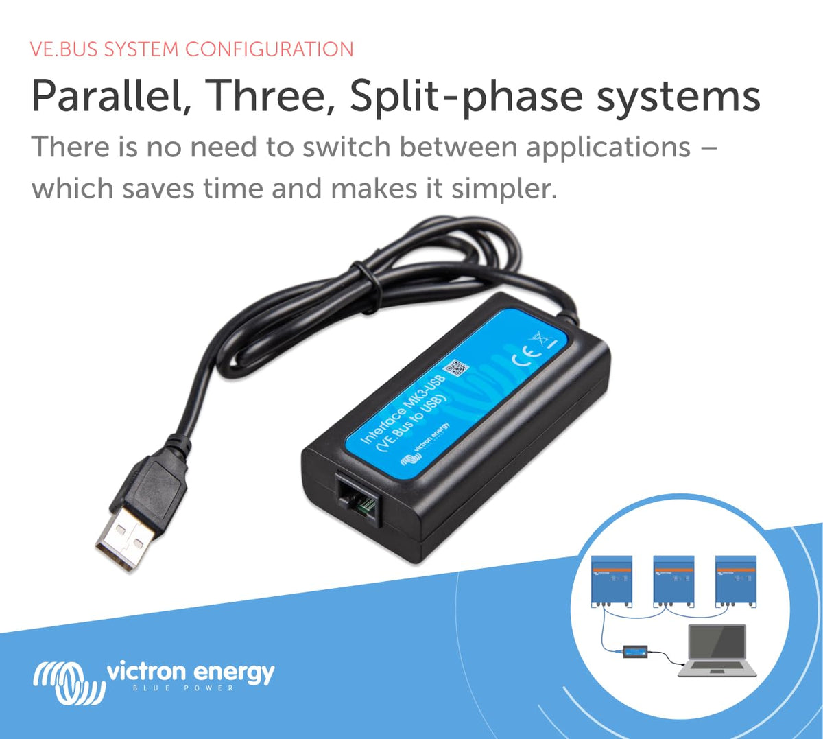 Compact Victron MK3-USB design fits tight spaces during setup and testing.