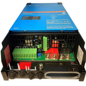 Victron Energy MultiPlus-II connection panel highlighting PowerAssist and parallel-ready design.