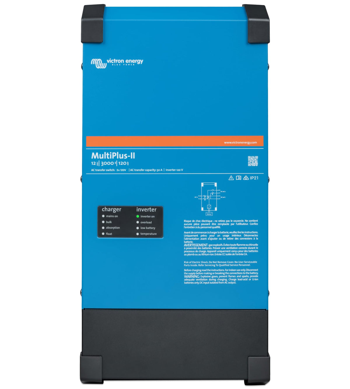 Victron Energy MultiPlus-II front view highlights a compact inverter charger for reliable off-grid power.