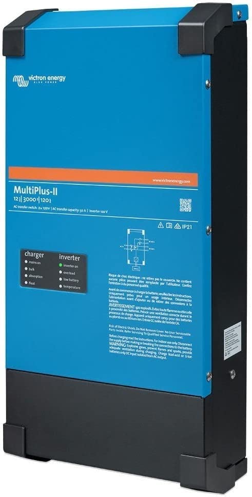 Victron Energy MultiPlus-II power assist graphic emphasizes overload protection for limited AC sources.
