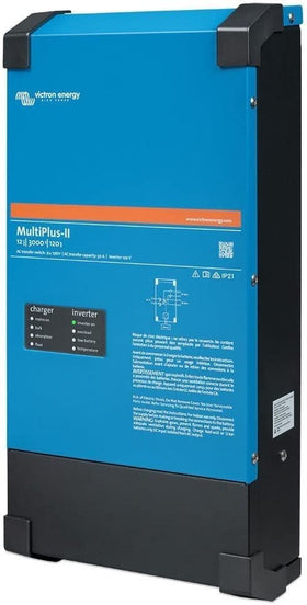 Victron Energy MultiPlus-II power assist graphic emphasizes overload protection for limited AC sources.