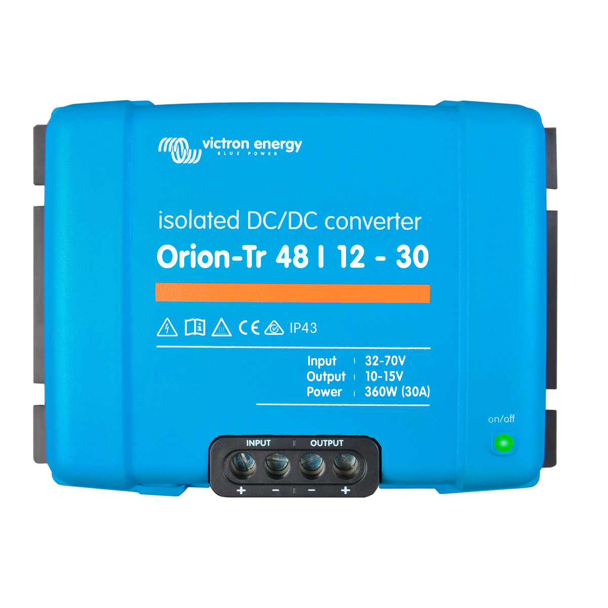 Victron Energy Orion-Tr front view highlights compact power module for dual battery systems.