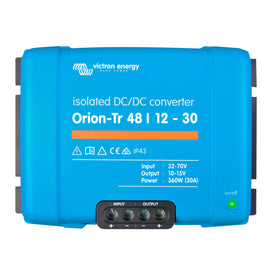 Victron Energy Orion-Tr front view highlights compact power module for dual battery systems.