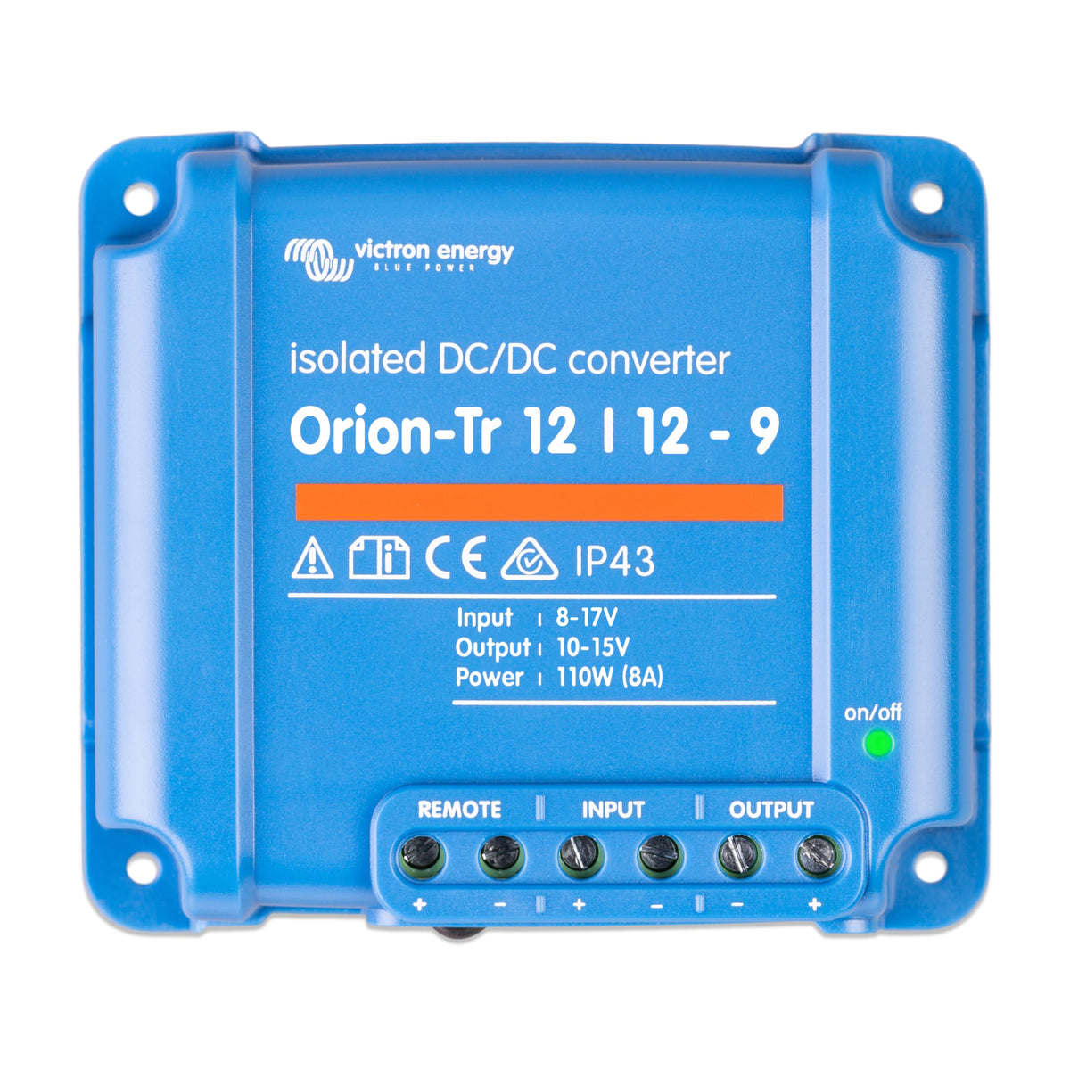 Victron Energy Orion‑Tr front view showing compact housing and mounting points, improves installation flexibility
