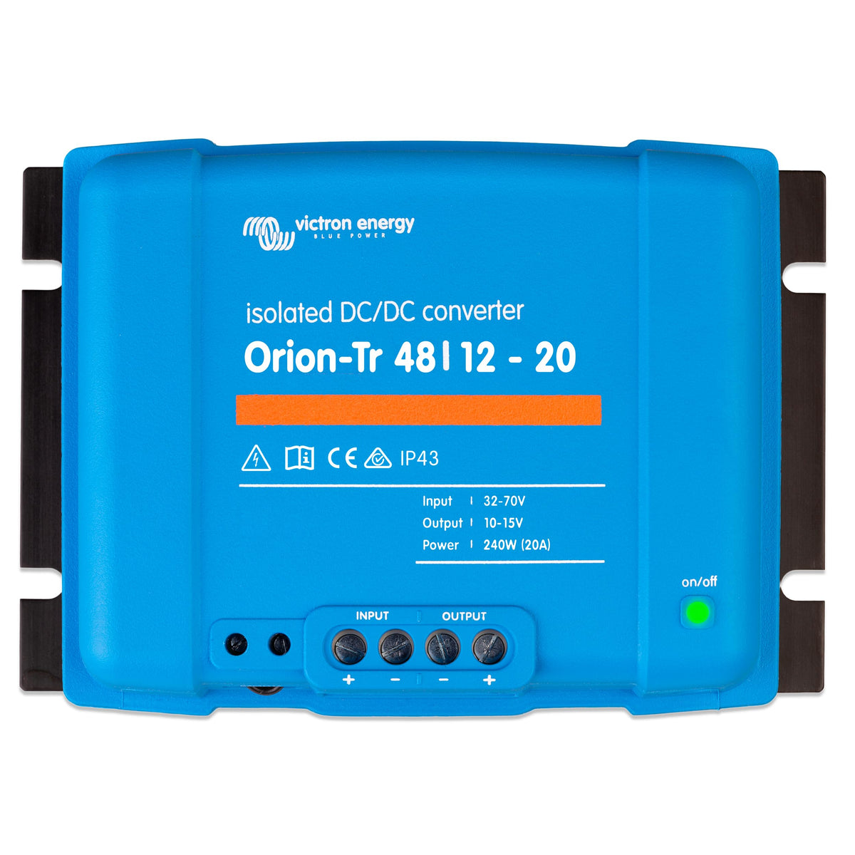 Victron Energy Orion-Tr side view, compact DC-DC converter suitable for dual battery systems.