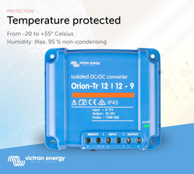 Victron Energy Orion‑Tr next to a hand for scale, demonstrates compact size and easy placement