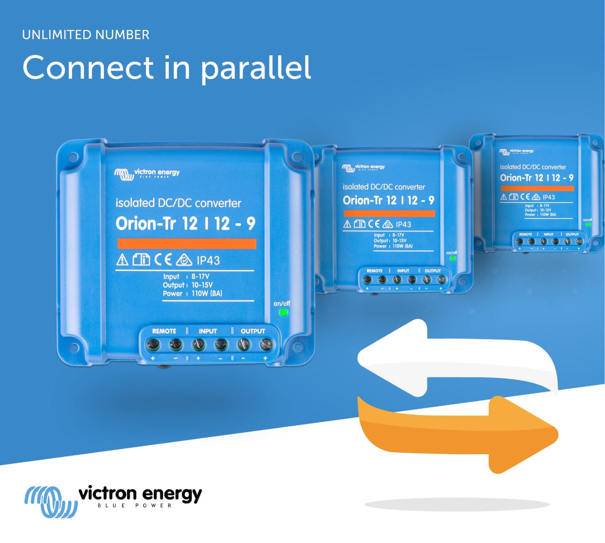 Victron Energy Orion‑Tr specification label closeup, confirms model, ratings, and isolation for safe use