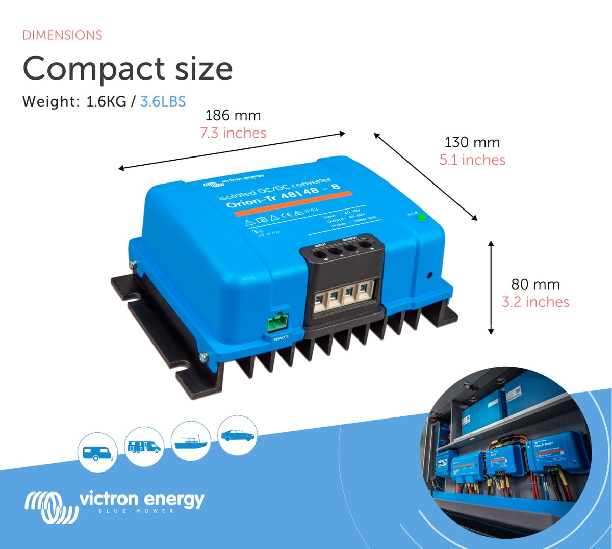 Victron Energy Orion-Tr screw-terminal connections simplify installation without tools.