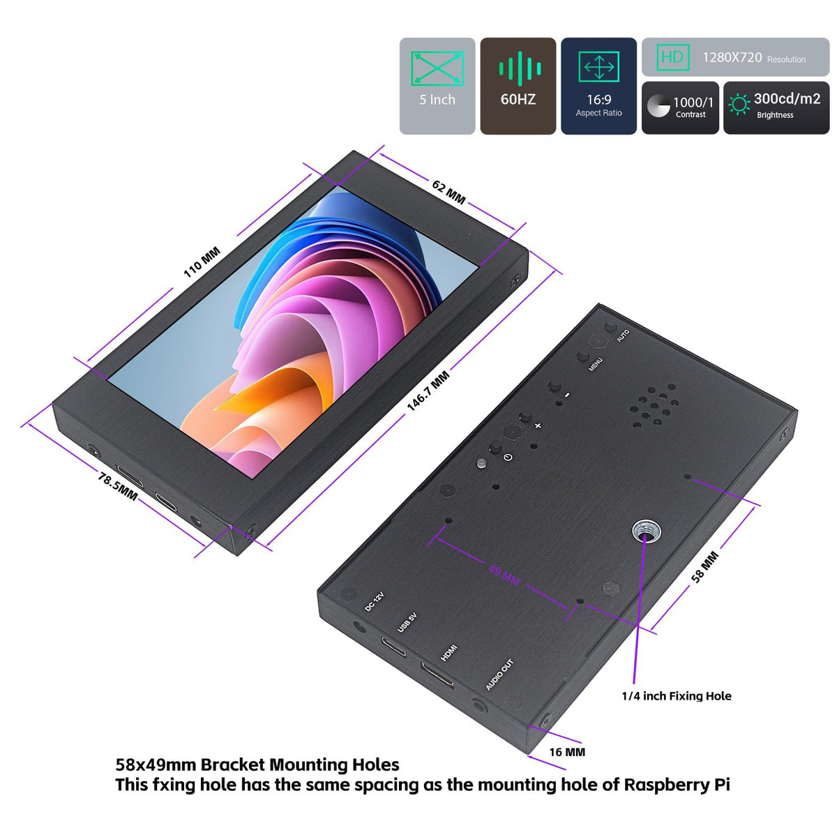 VIEWMEI 5-inch HDMI monitor with HDMI and USB ports enables broad device connections.