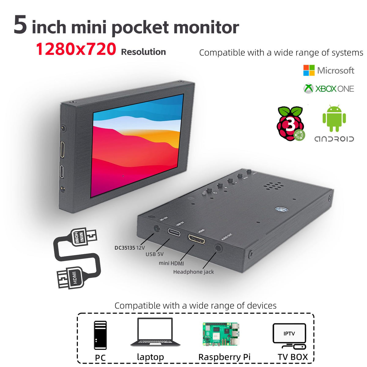 VIEWMEI 5-inch monitor side-angle view showing wide viewing angle for flexibility.