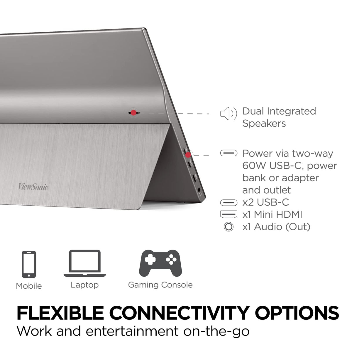 ViewSonic TD1655 USB-C 60W connection for power and data on the go
