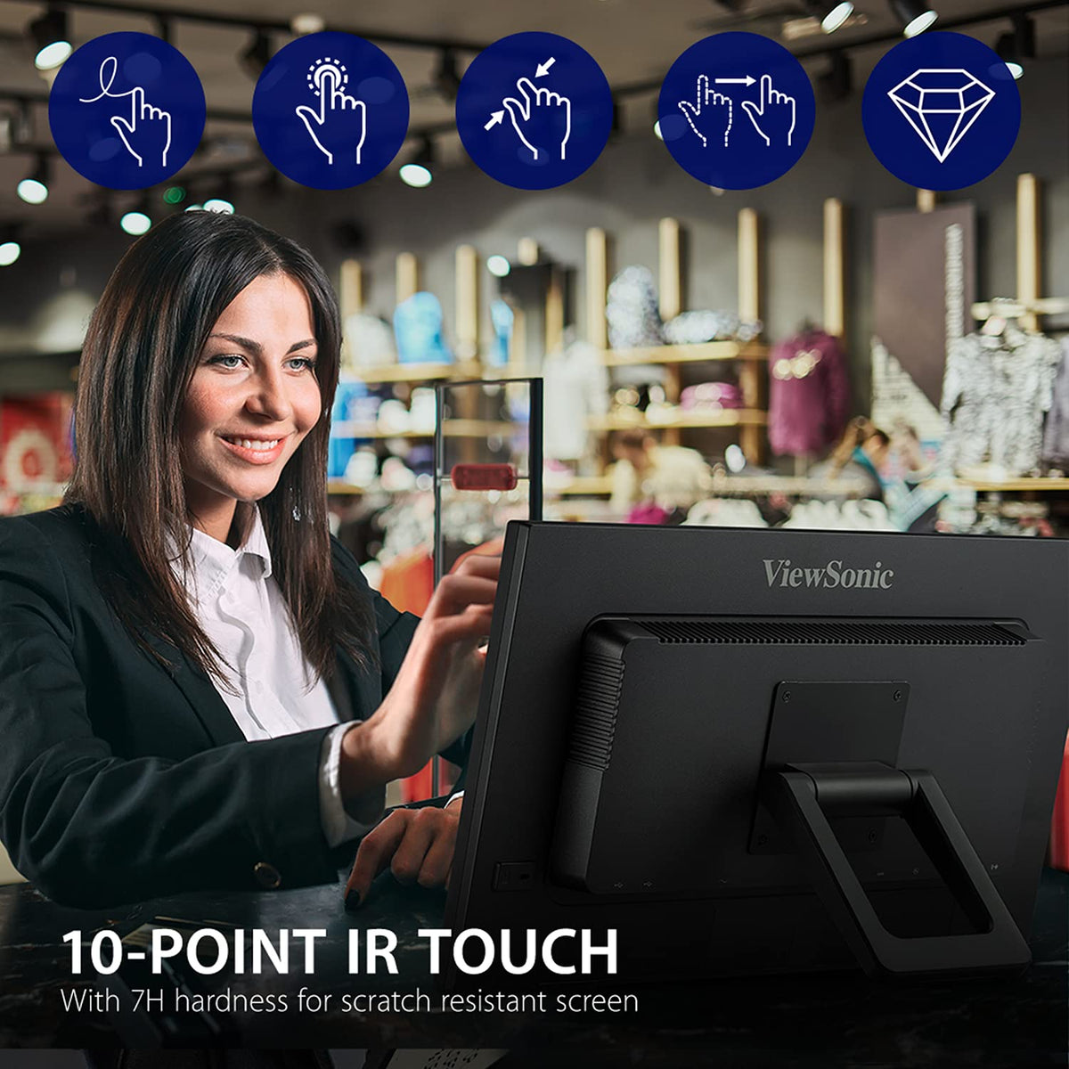 ViewSonic TD2223 side view highlighting compact footprint for POS desks.