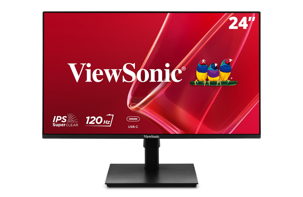ViewSonic front view showing 24-inch IPS display and frameless bezel benefit clarity