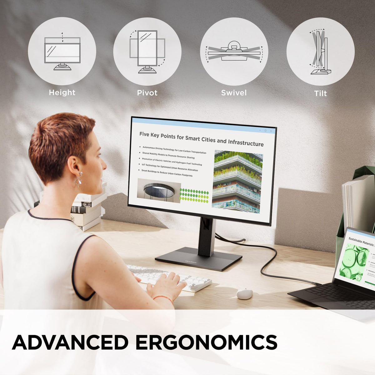 ViewSonic VG2752-2K ergonomic stand supports height, tilt, swivel, and rotation.