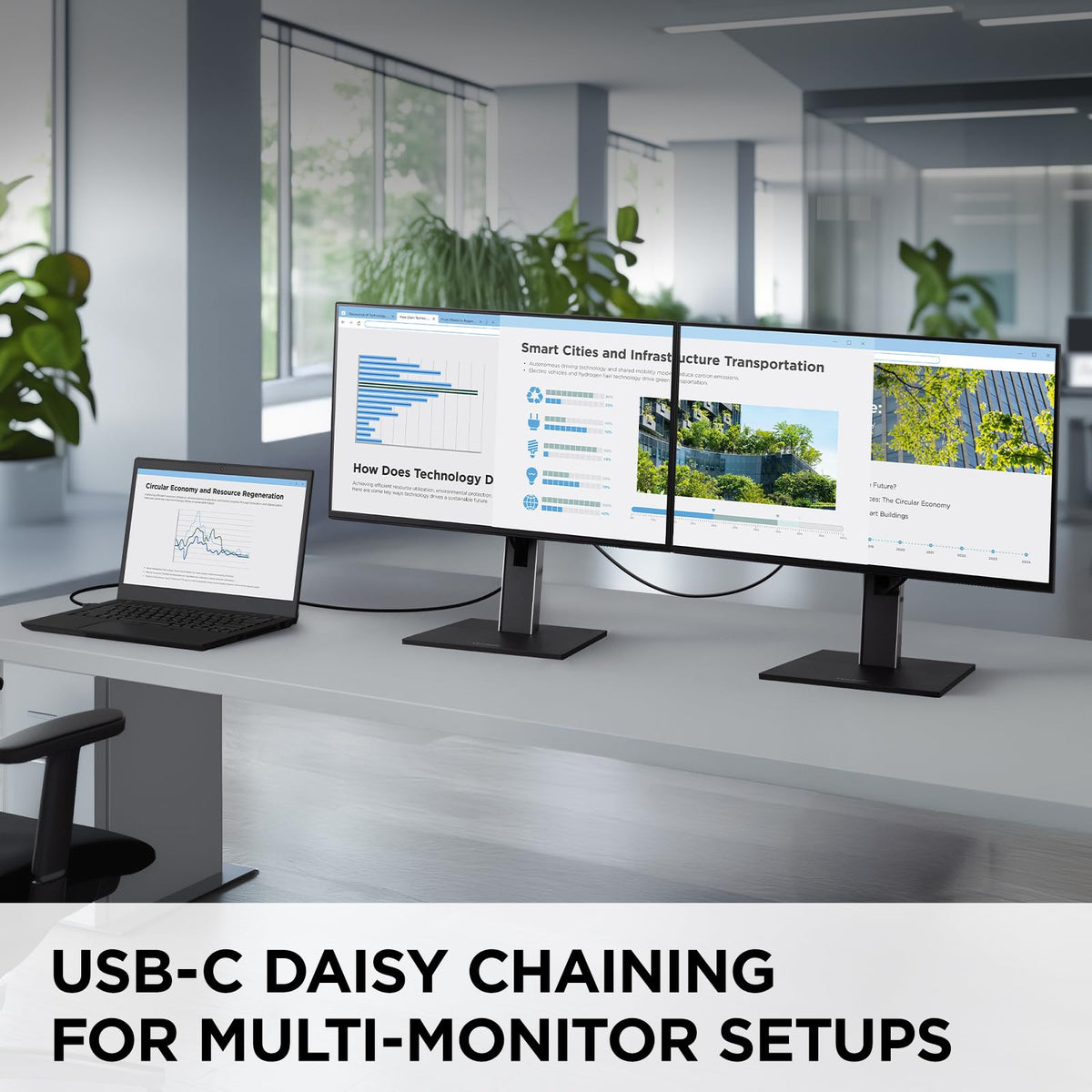 Ergonomic stand supports tilt, swivel, rotation, and height adjustments for comfort.