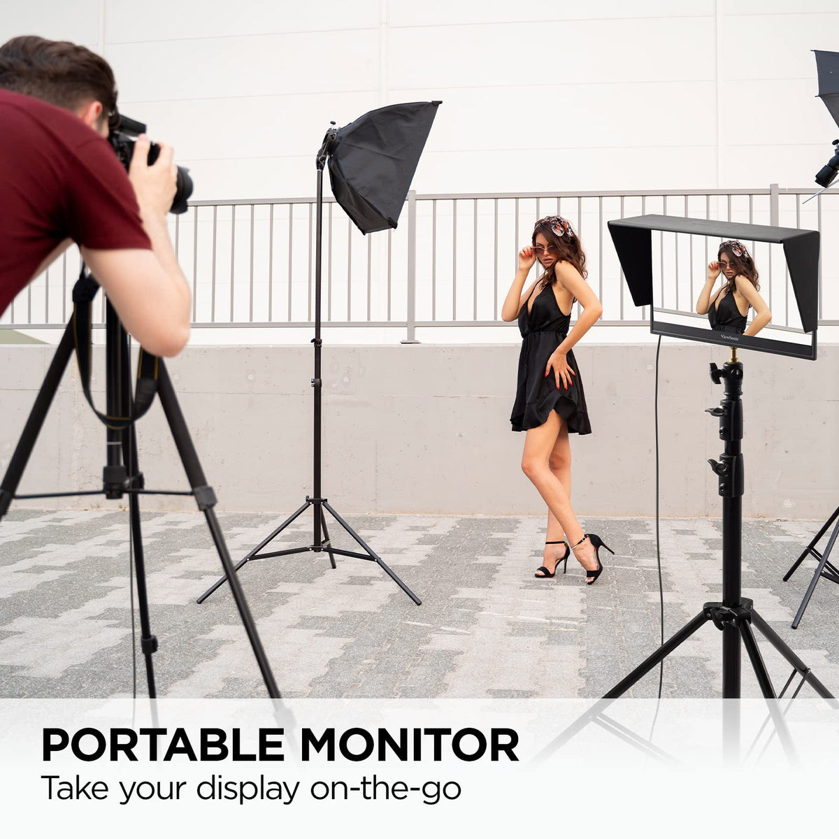 ViewSonic VP16-OLED folding ergonomic stand showing adjustable height for comfort