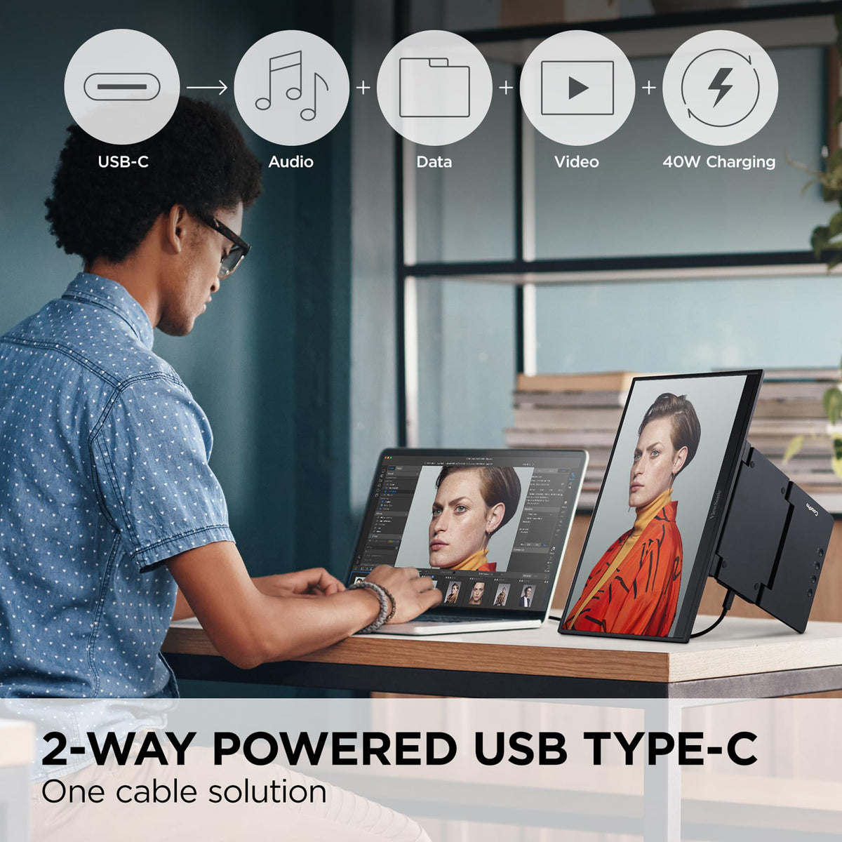 ViewSonic VP1656 USB-C two-way charging simplifies setup.