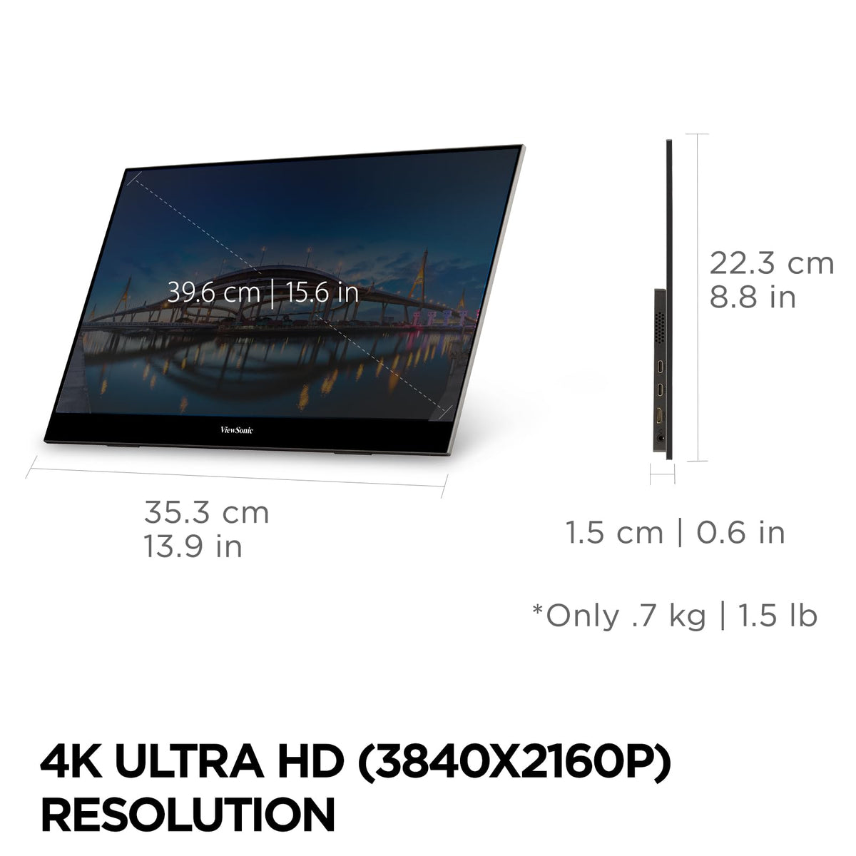 ViewSonic VX1655-4K-OLED USB-C ports showing 60W charging and data transfer