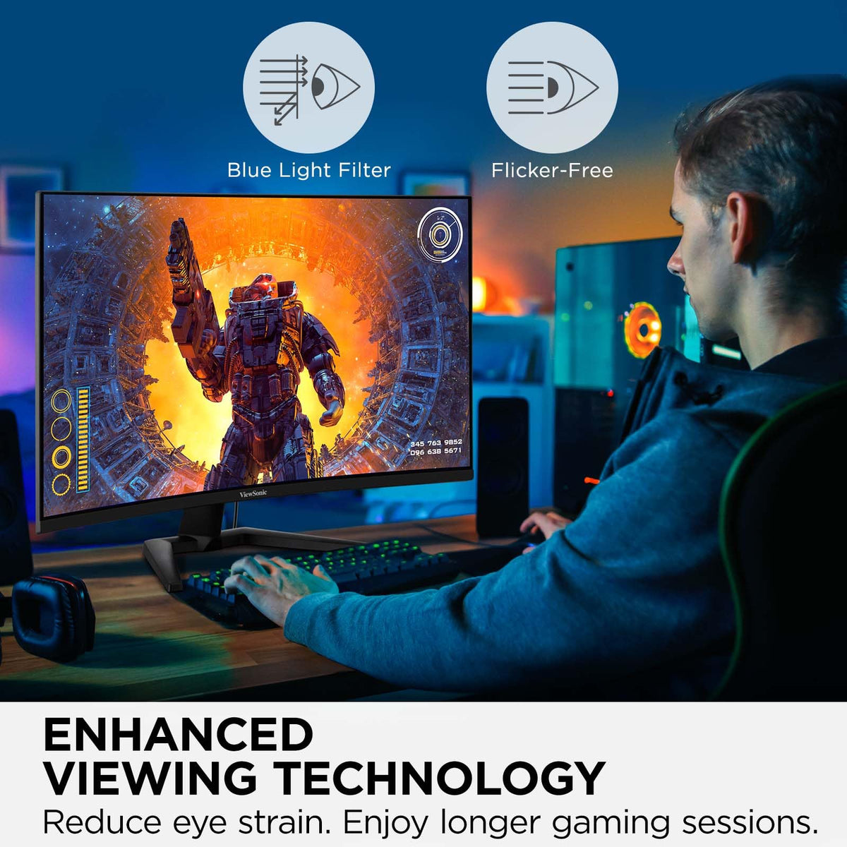 ViewSonic VX3228C-2K angled setup showing curved display and slim bezels