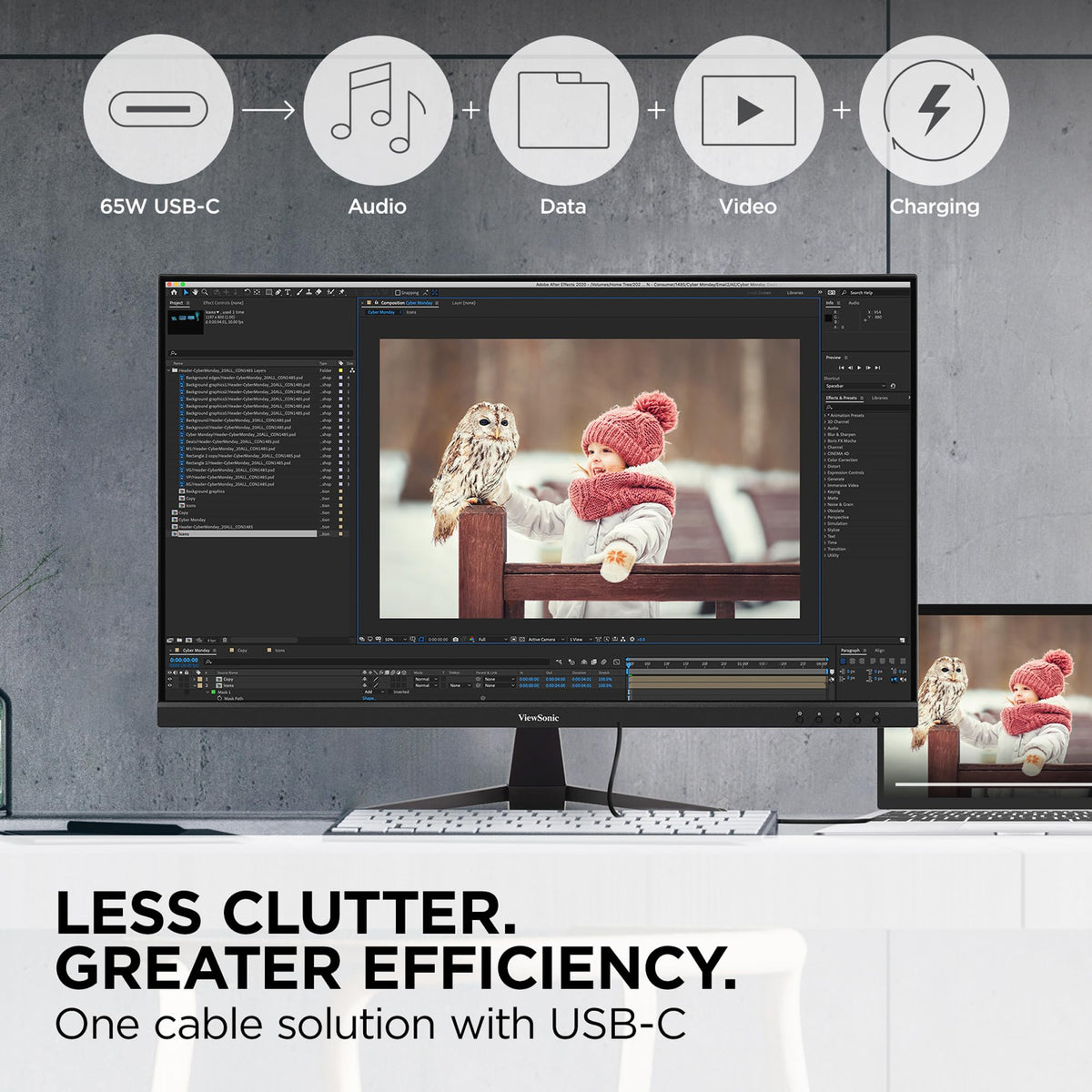ViewSonic VX3267U-4K USB-C 65W delivers power and data over a single cable