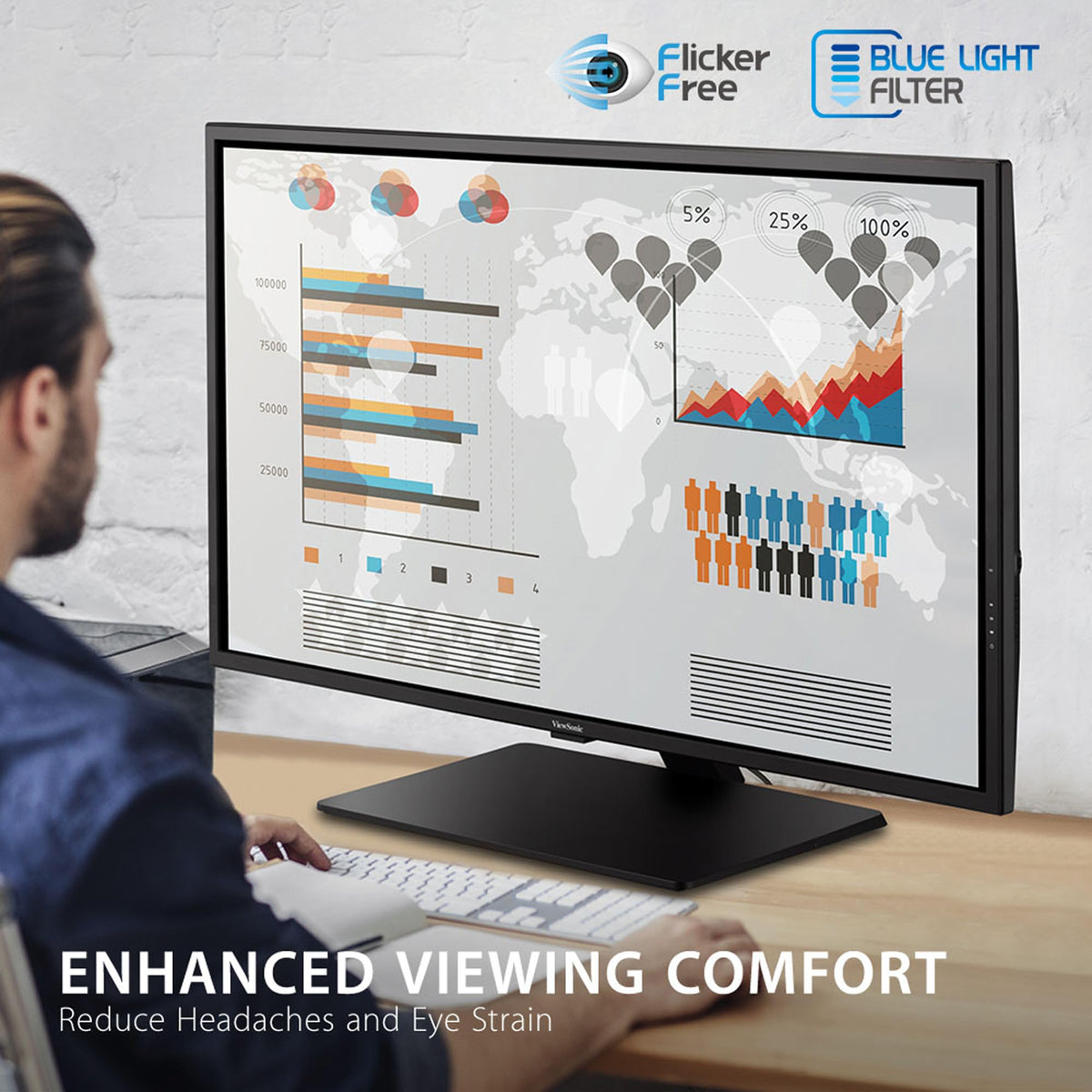 ViewSonic VX4381-4K ergonomic stand supports comfortable, all-day desk use.