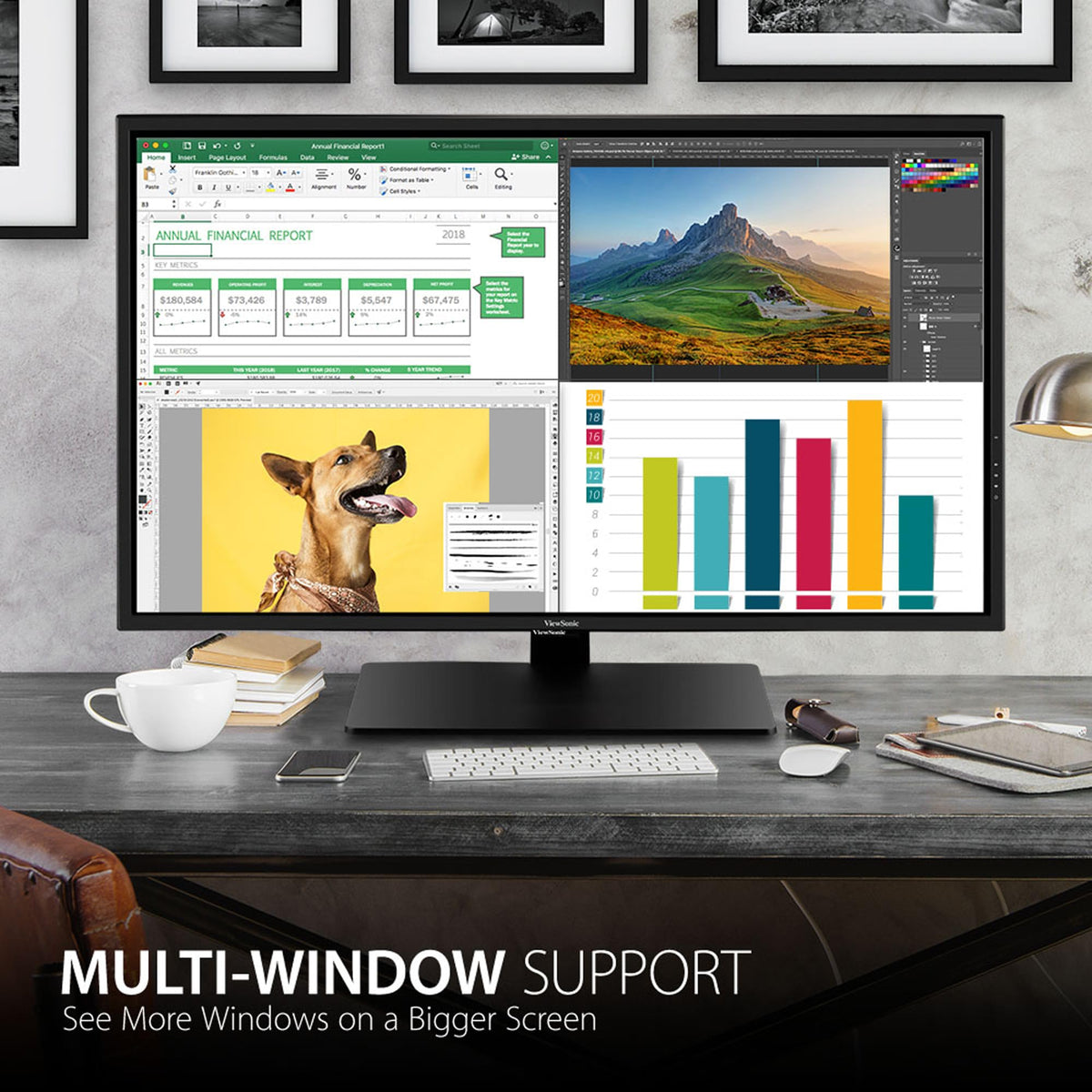 ViewSonic VX4381-4K multi-screen setup demonstrates multitasking with four windows.