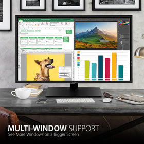 ViewSonic VX4381-4K multi-screen setup demonstrates multitasking with four windows.
