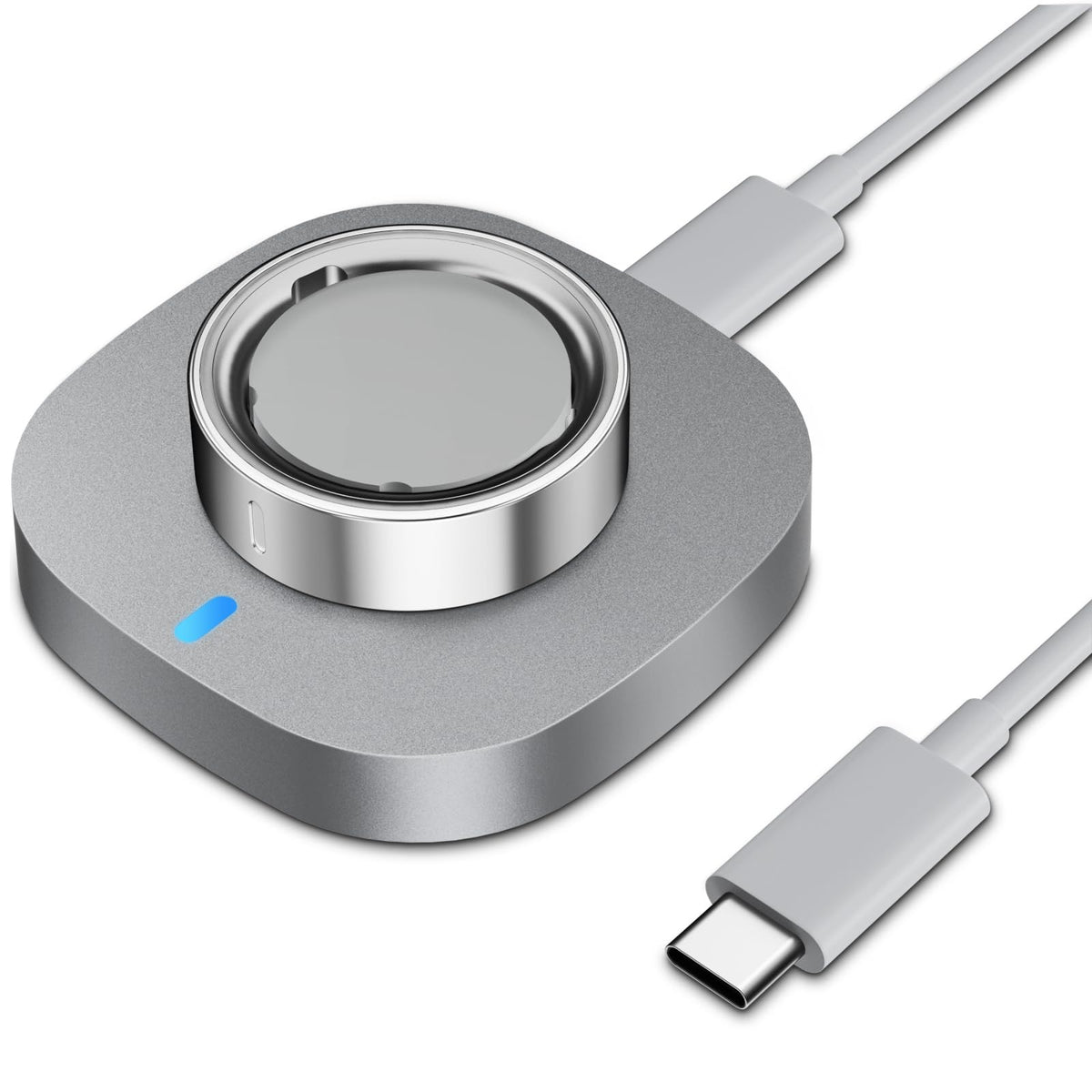 Vigamen front view of silver-gray charger showing compact dock and logo for easy storage