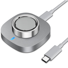 Vigamen front view of silver-gray charger showing compact dock and logo for easy storage