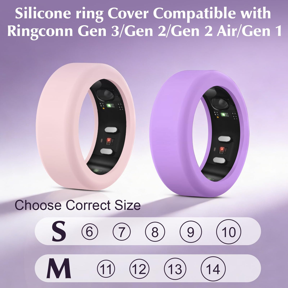 Vigamen RingConn cover in size S/M demonstrates fit for ring sizes 6–10 and 11–14