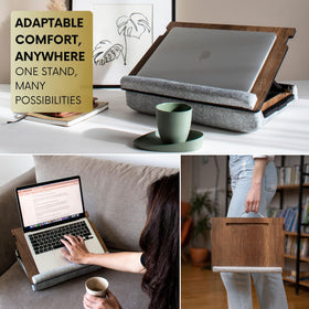 Vigo Wood in use on sofa showing comfortable laptop setup for remote work