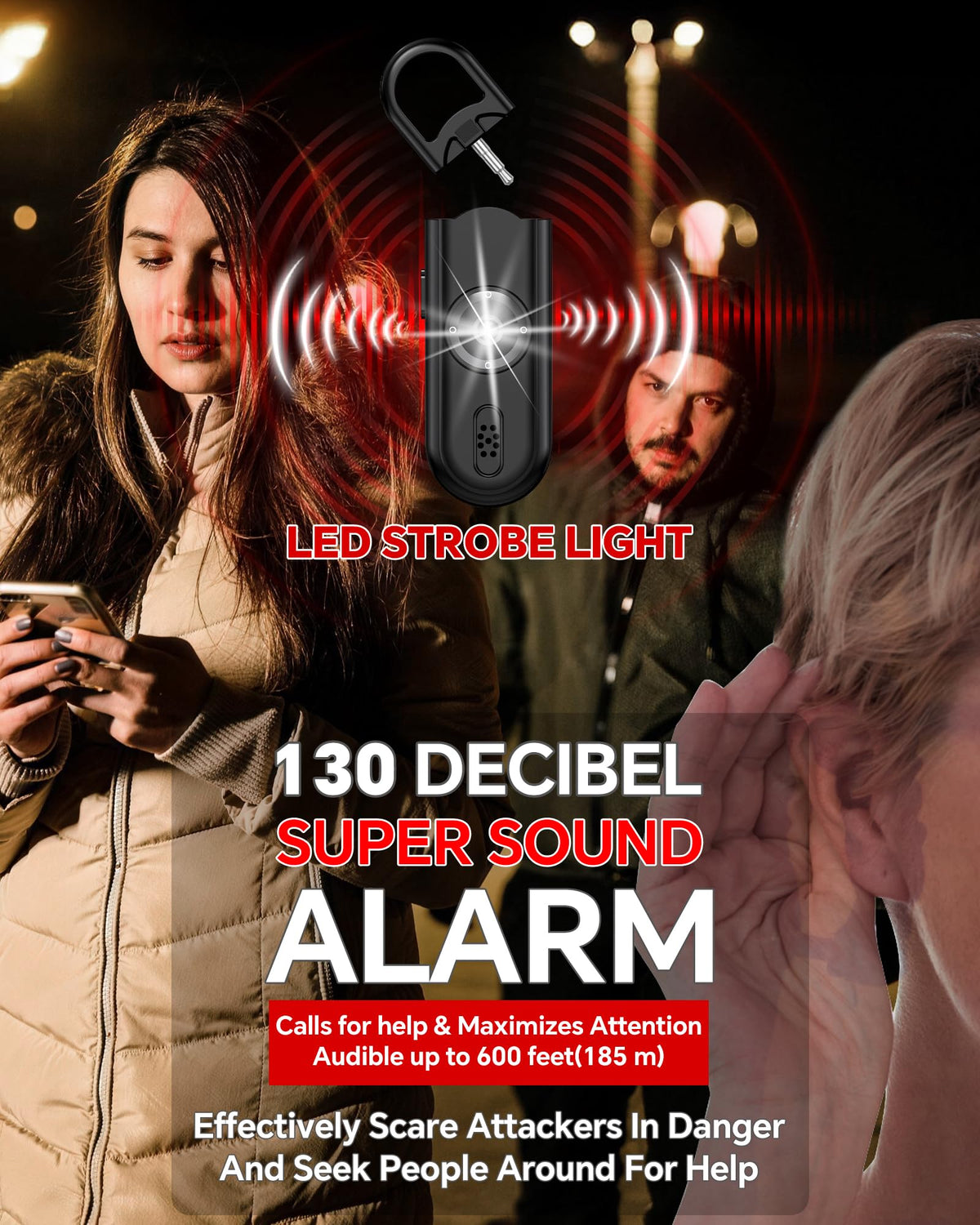VIGOROAD Personal alarm keychain with strobe enhances visibility in dim areas.