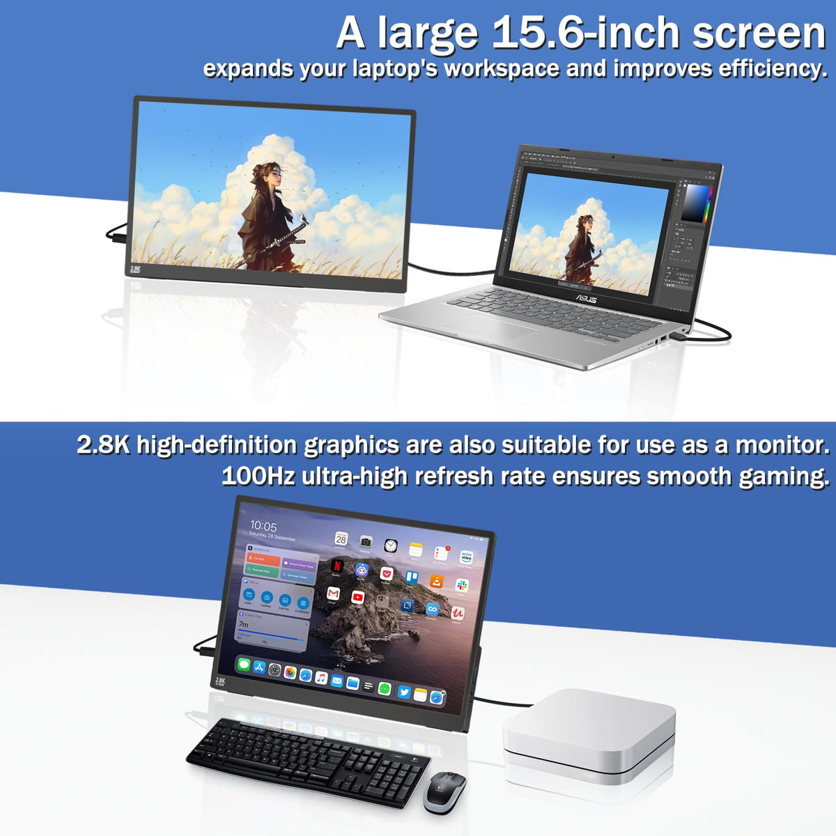Viyivwine monitor connected via USB-C for power and data with a single cable